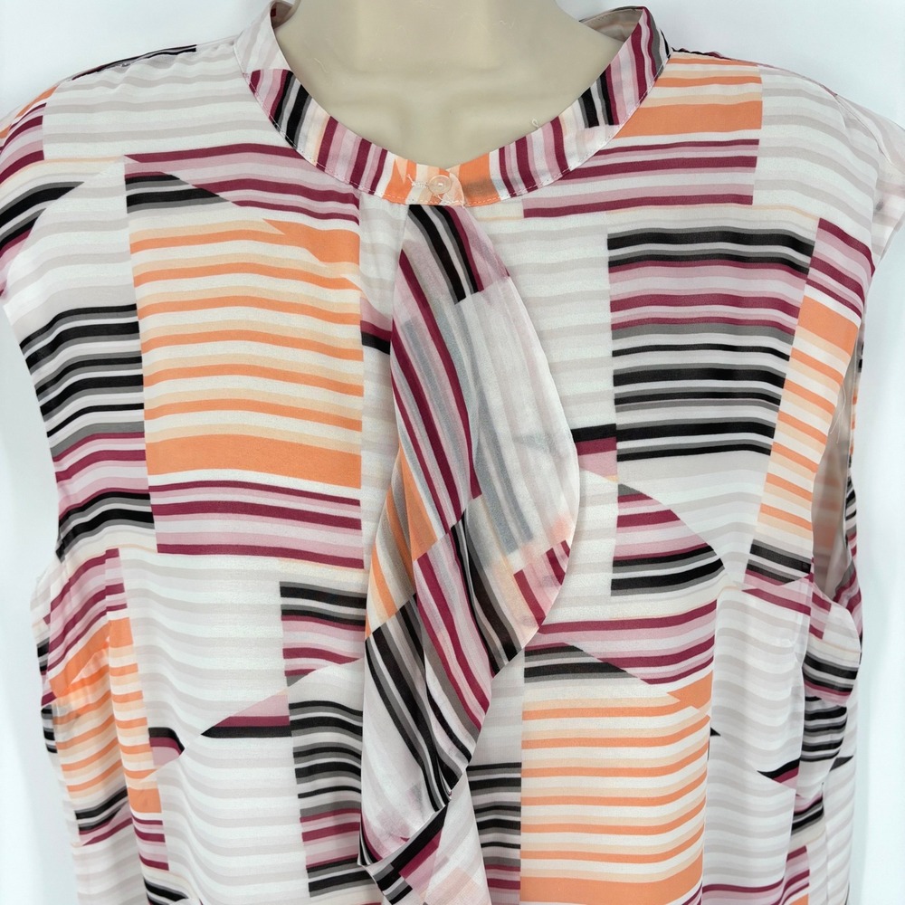 Le Chateau Womens XL Ruffle Front Geometric Striped Sleeveless Blouse Ivory NWT - Picture 3 of 6